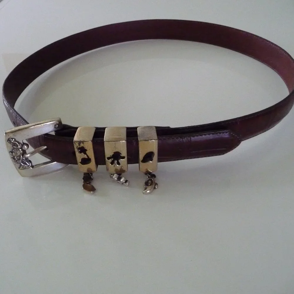 BRIGHTON FOR DISNEY RARE EMBOSSED REPTILE BROWNLEATHER BELT WITH DISNEY CHARA… - Picture 1 of 6